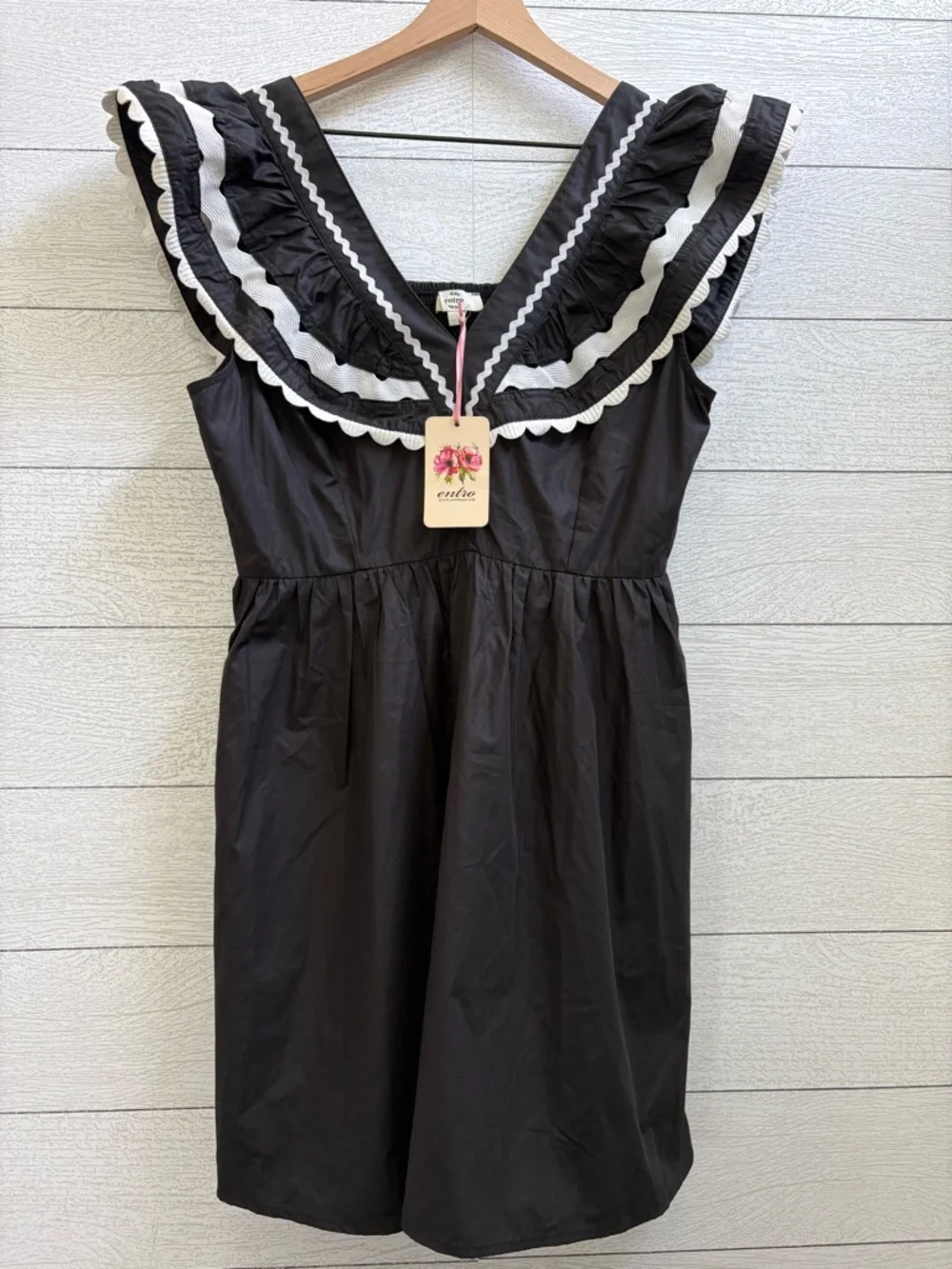 ENTRO Ric Rac Ruffle Mini Dress Black White Size Large NWT - Picture 7 of 15